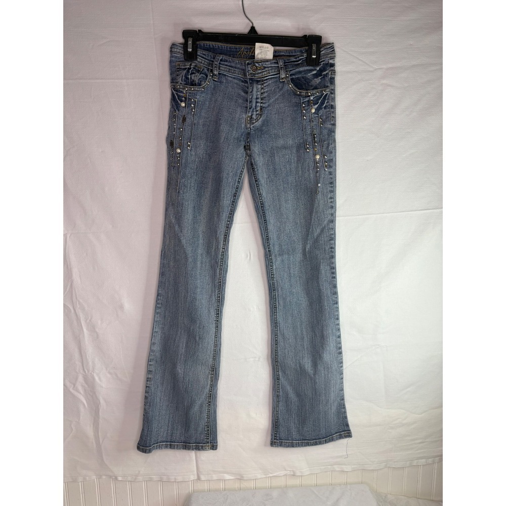 Apollo Blue Embellished Studded Pearl Bootcut Jeans Y2K Medium Wash Denim